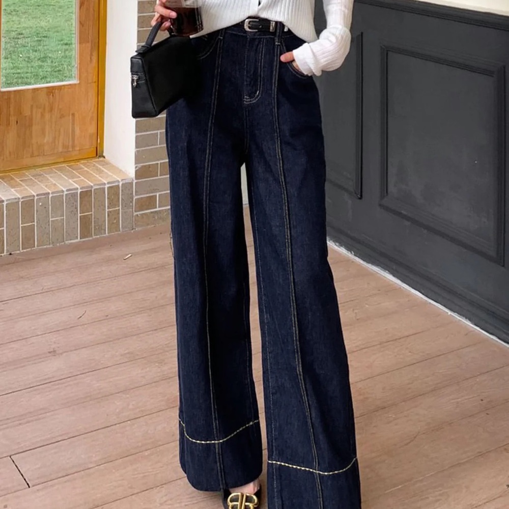 Commense Women's Dark Blue Jeans wide leg stitching